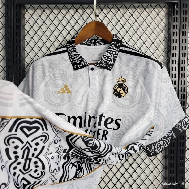 23-24 Real Madrid Home Jersey With Full Champion Patches - Kitsociety